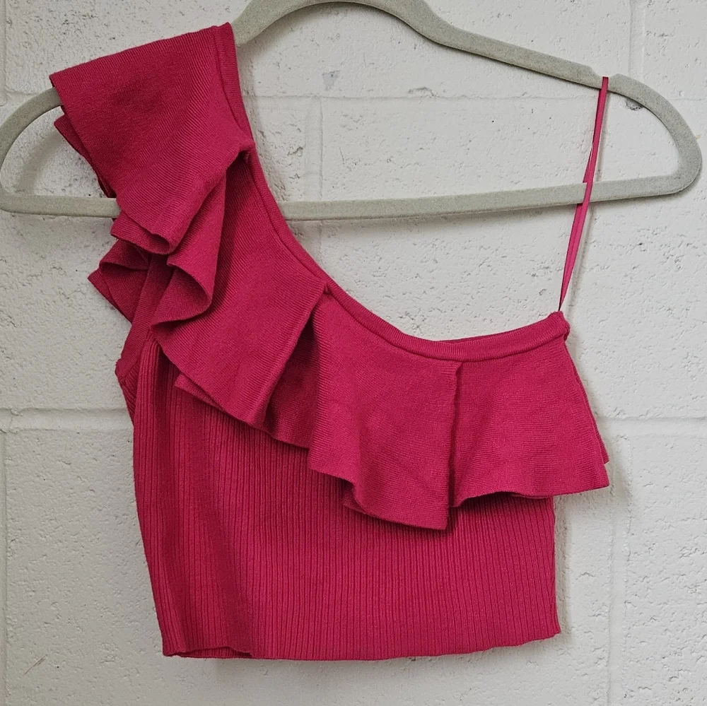 Express Pink Ruffle One Shoulder Cropped Sweater Tank - Picture 3 of 12